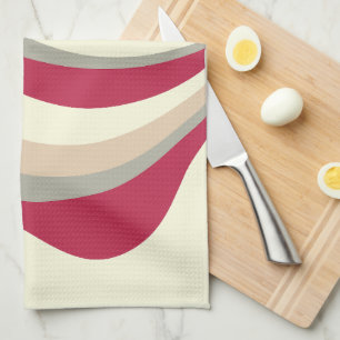 Retro Abstract Waves, Magenta, Pink, Grey, Cream Tea Towel