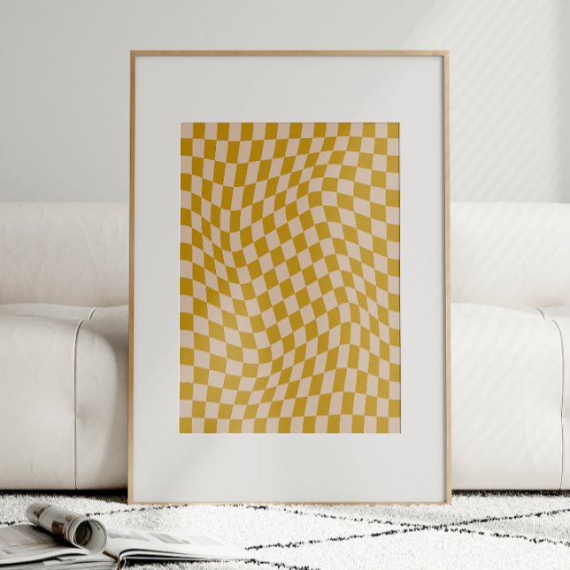 Retro Abstract Wavy Chequerboard Mustard Yellow Poster (Creator Uploaded)