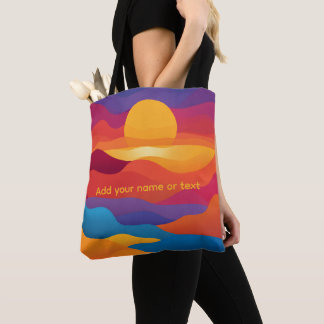 Retro Abstract Wavy Sunset Custom Name Tote Bag