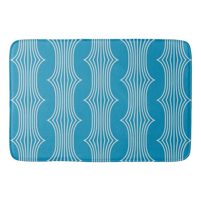 Retro Abstract White Lines on Blue Pattern Bath Mat (Front)