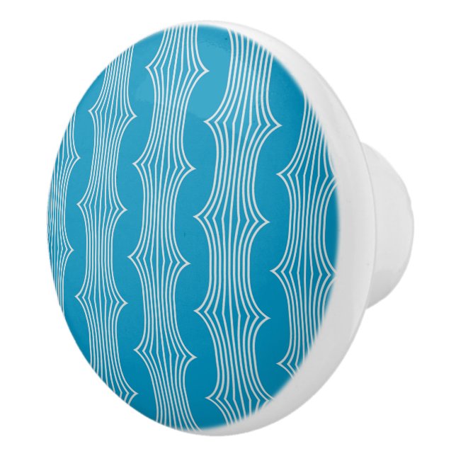 Retro Abstract White Lines on Blue Pattern Ceramic Knob (Right)