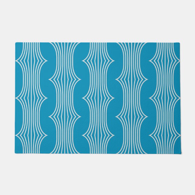 Retro Abstract White Lines on Blue Pattern Doormat (Front)
