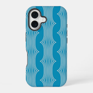Retro Abstract White Lines on Blue Pattern iPhone 16 Case