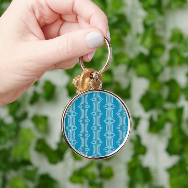 Retro Abstract White Lines on Blue Pattern Key Ring (Hand)