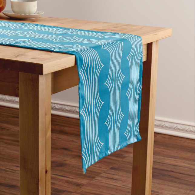 Retro Abstract White Lines on Blue Pattern Long Table Runner (In Situ)