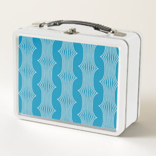 Retro Abstract White Lines on Blue Pattern Metal Lunch Box