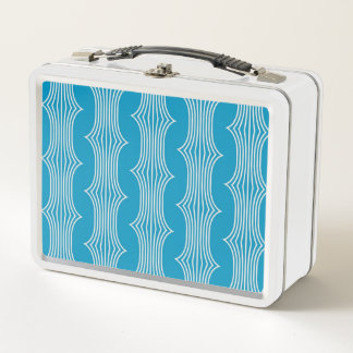 Retro Abstract White Lines on Blue Pattern Metal Lunch Box