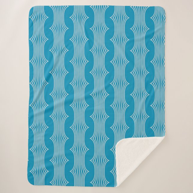 Retro Abstract White Lines on Blue Pattern Sherpa Blanket (Front)