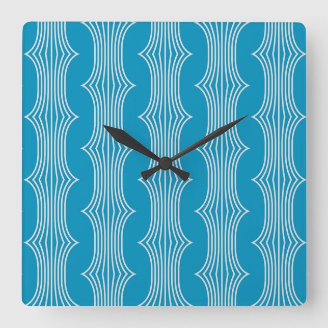 Retro Abstract White Lines on Blue Pattern Square Wall Clock (Front)