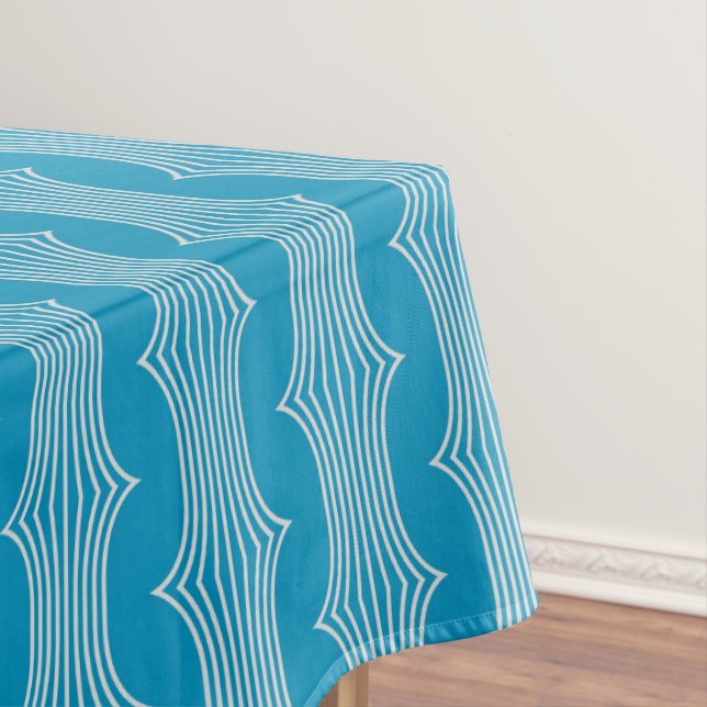 Retro Abstract White Lines on Blue Pattern Tablecloth (In Situ)