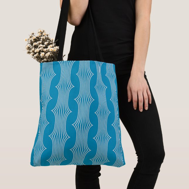 Retro Abstract White Lines on Blue Pattern Tote Bag (Close Up)