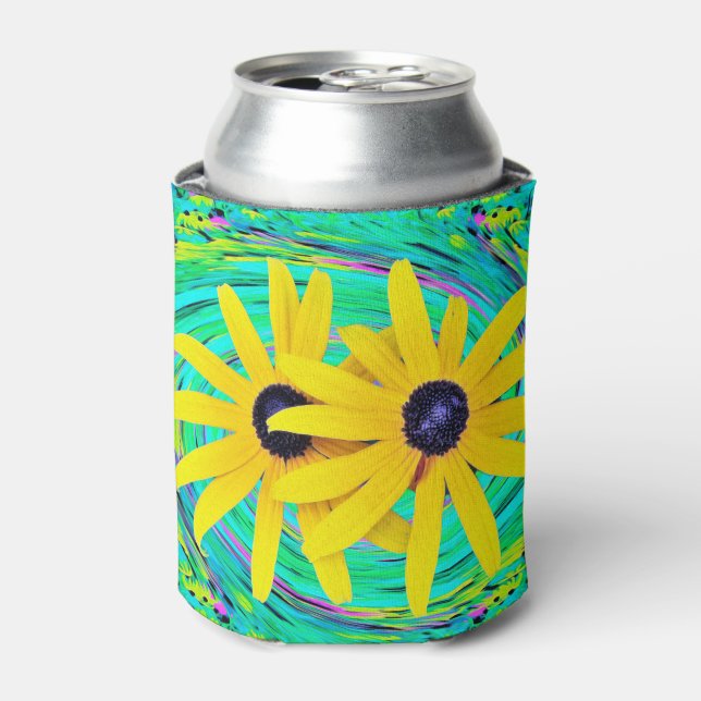 Retro Abstract Yellow Flowers on Aqua Swirl Can Cooler (Can Front)