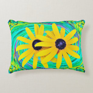 Retro Abstract Yellow Flowers on Aqua Swirl Decorative Cushion