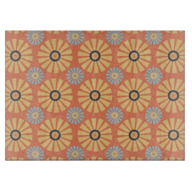 Retro Abstrat Blue and Orange Daisies Pattern Cutting Board (Front)