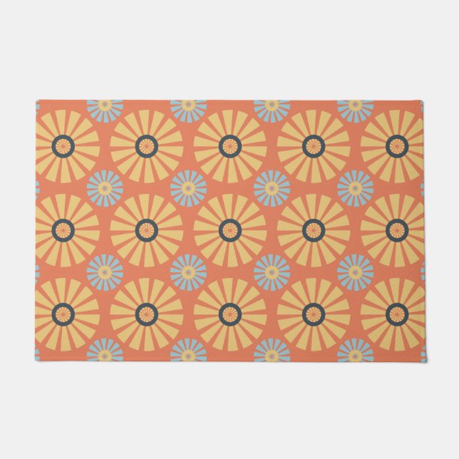 Retro Abstrat Blue and Orange Daisies Pattern Doormat (Front)