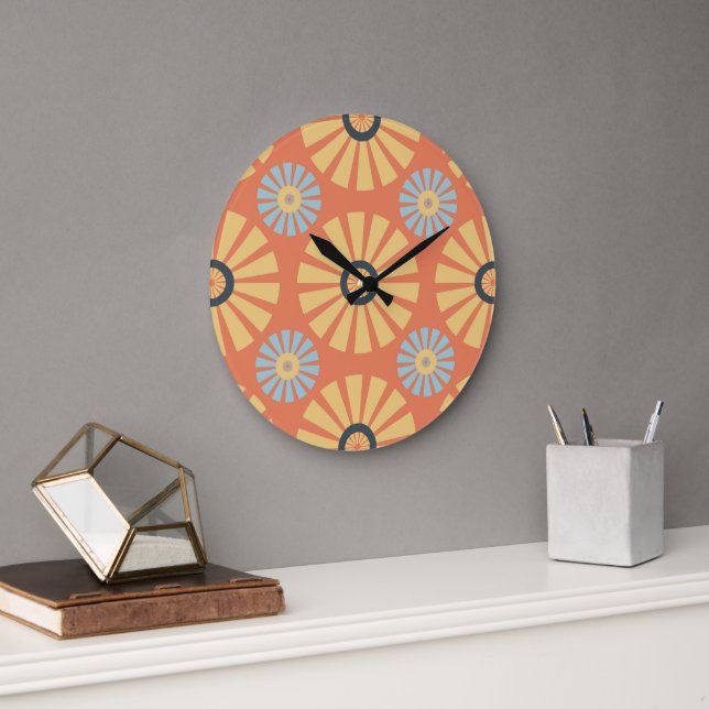 Retro Abstrat Blue and Orange Daisies Pattern Large Clock (Office)