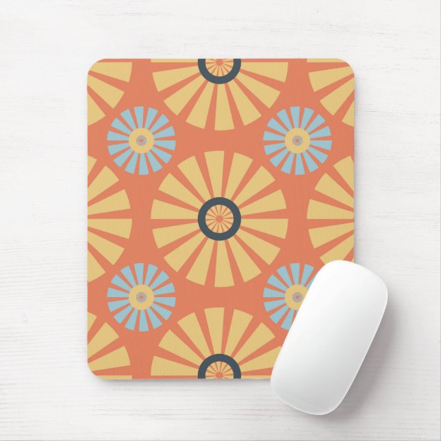 Retro Abstrat Blue and Orange Daisies Pattern Mouse Mat (With Mouse)