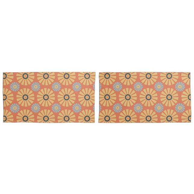 Retro Abstrat Blue and Orange Daisies Pattern Pillowcase (Front-Set)
