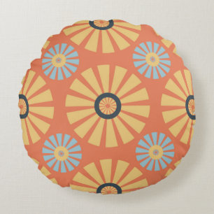 Retro Abstrat Blue and Orange Daisies Pattern Round Cushion