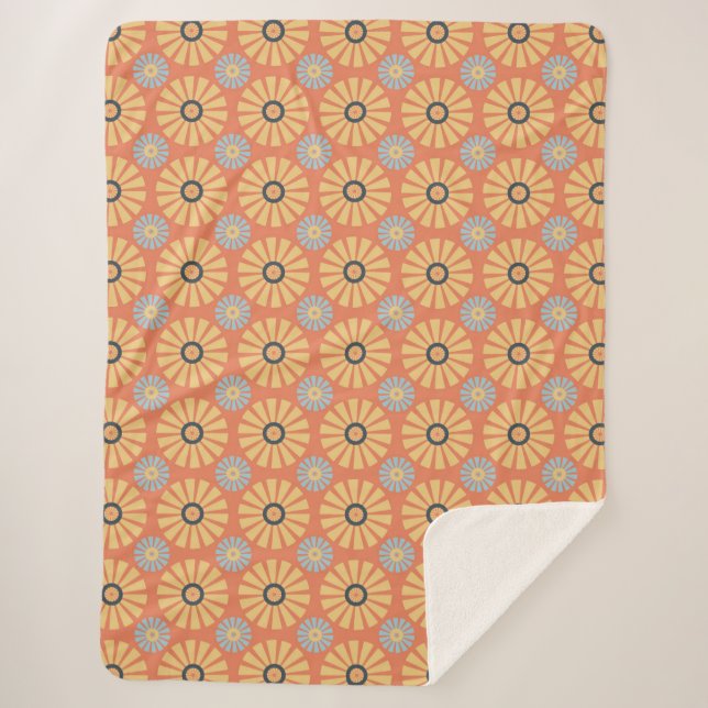 Retro Abstrat Blue and Orange Daisies Pattern Sherpa Blanket (Front)