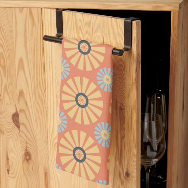 Retro Abstrat Blue and Orange Daisies Pattern Tea Towel (Thirds Fold)