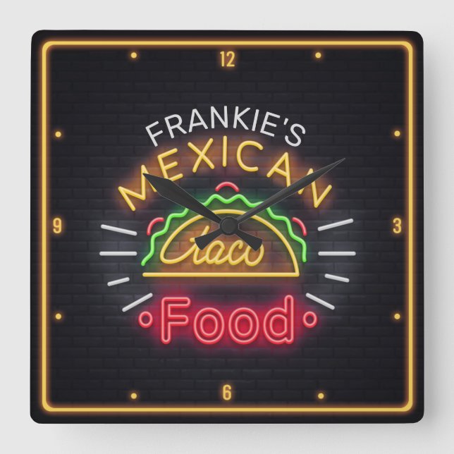 Retro ADD NAME Faux Neon Mexican Food Taco Diner Square Wall Clock (Front)