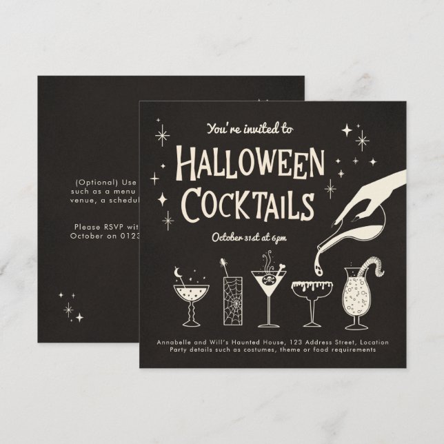 Retro Adult Halloween Drinks and Cocktails invite (Front/Back)