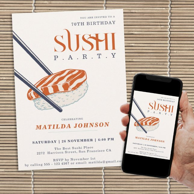 Retro Adult Sushi Party 70th Birthday Invitation (Retro 70th Birthday Adult Sushi Party Simple Invitation)