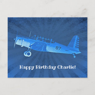Retro Aeroplane #87 Blue Happy Birthday Postcard
