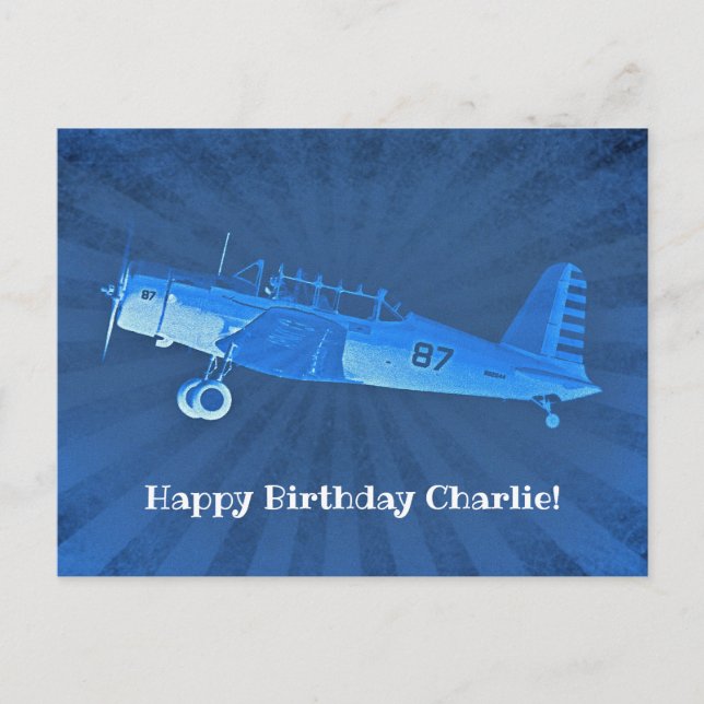 Retro Aeroplane #87 Blue Happy Birthday Postcard (Front)