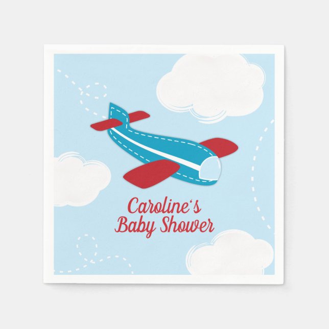 Retro Aeroplane Baby Shower in Red and Blue Napkin (Front)