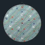 Retro Aeroplane Pattern Dart Board<br><div class="desc">Fasten your seatbelt. This Retro Aeroplane Pattern Dart Board is ready for takeoff. The design features lines of red, royal blue, and white, mid century modern aeroplanes flying across a steel blue background. Thin stripes of orange, lime green and grey, as well as lines of teal dots, add interest to...</div>