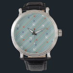 Retro Aeroplane Pattern Watch<br><div class="desc">Fasten your seatbelt. This Retro Aeroplane Pattern Watch is ready for takeoff. The design features lines of red, royal blue, and white, mid century modern aeroplanes flying across a steel blue background. Thin stripes of orange, lime green and grey, as well as lines of teal dots, add interest to this...</div>