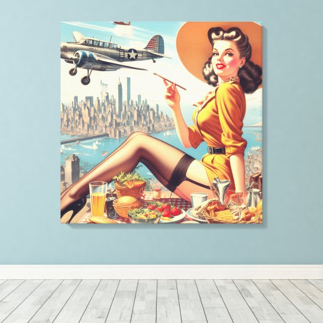 Retro Aeroplane Pin-up Illustration Canvas Print (Insitu(Wood Floor))