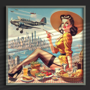 Retro Aeroplane Pin-up Illustration Poster