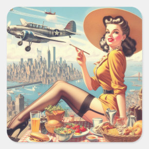 Retro Aeroplane Pin-up Illustration Square Sticker