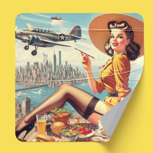 Retro Aeroplane Pin-up Illustration Square Sticker