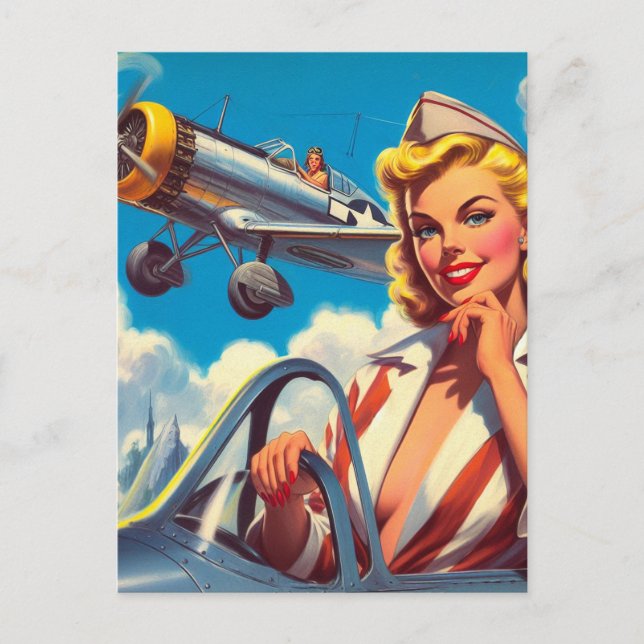 Retro Aeroplane Pin-up Postcard (Front)