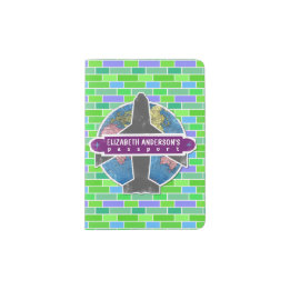 Retro Aeroplane Travel Sticker Green Bricks Custom Passport Holder
