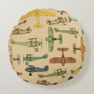 Retro Aeroplanes: Cracked Vintage Pattern. Round Cushion