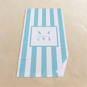 Retro Aesthetic Blue White Personalized Monogram  Beach Towel