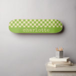 Retro Aesthetic Checkerboard Pattern Name Green   Skateboard<br><div class="desc">Personalized Name Retro Esthetic Checkerboard Pattern Green and White Skateboard</div>