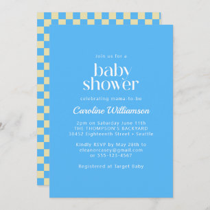 Retro Aesthetic Chequerboard Blue Baby Shower Invitation