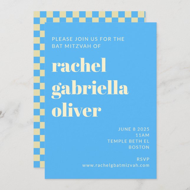 Retro Aesthetic Chequerboard Blue Bat Bar Mitzvah Invitation (Front/Back)