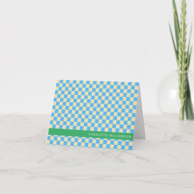 Retro Aesthetic Chequerboard Blue Personalised Note Card (Front)