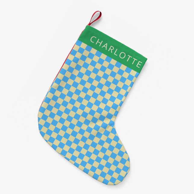 Retro Aesthetic Chequerboard Blue Personalised  Small Christmas Stocking (Front (Hanging))