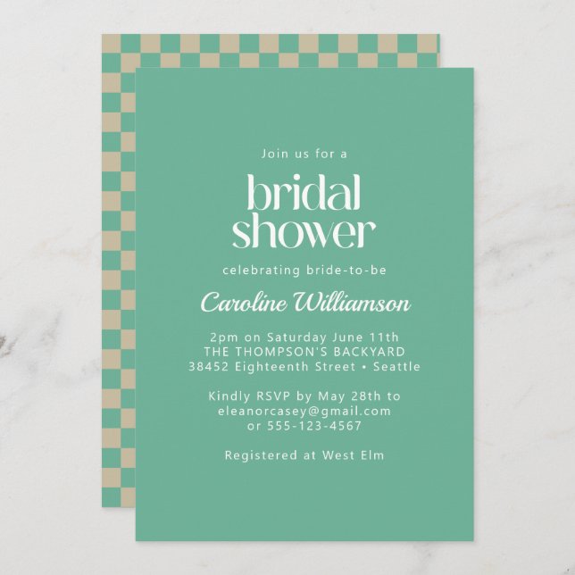 Retro Aesthetic Chequerboard Mint Bridal Shower In Invitation (Front/Back)
