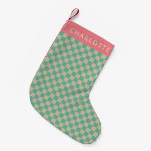 Retro Aesthetic Chequerboard Mint Personalised Small Christmas Stocking