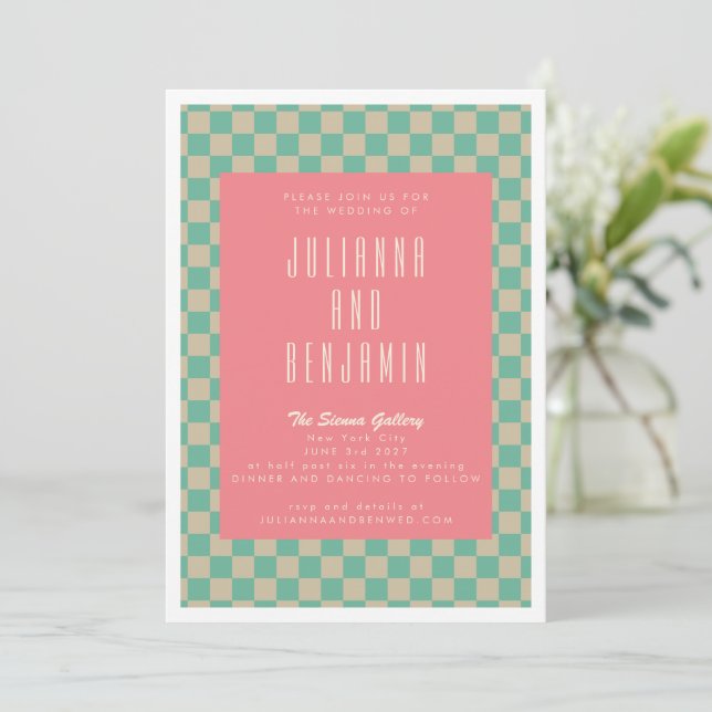 Retro Aesthetic Chequerboard Mint Pink Wedding Invitation (Standing Front)