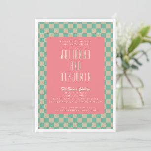Retro Aesthetic Chequerboard Mint Pink Wedding Invitation